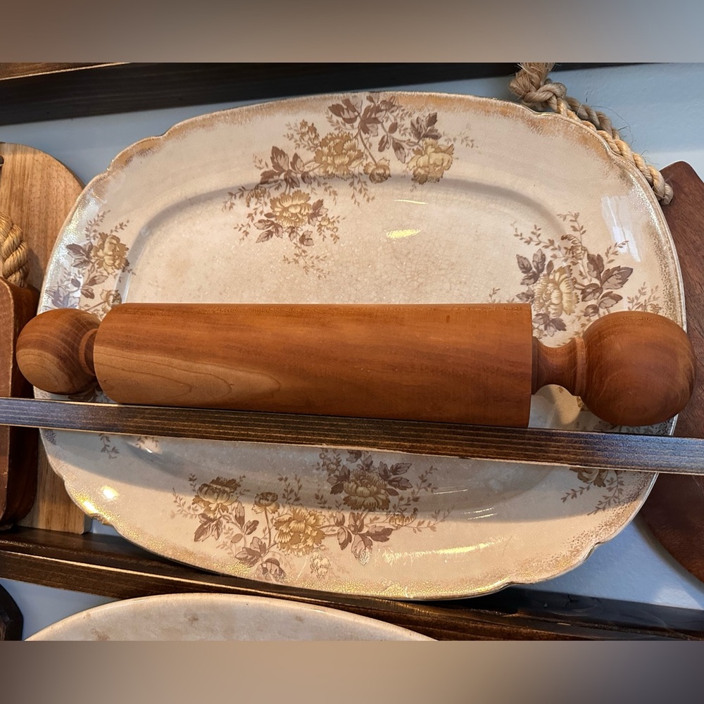 Vintage Turned Wood Knob Rolling Pin in Natural Brown